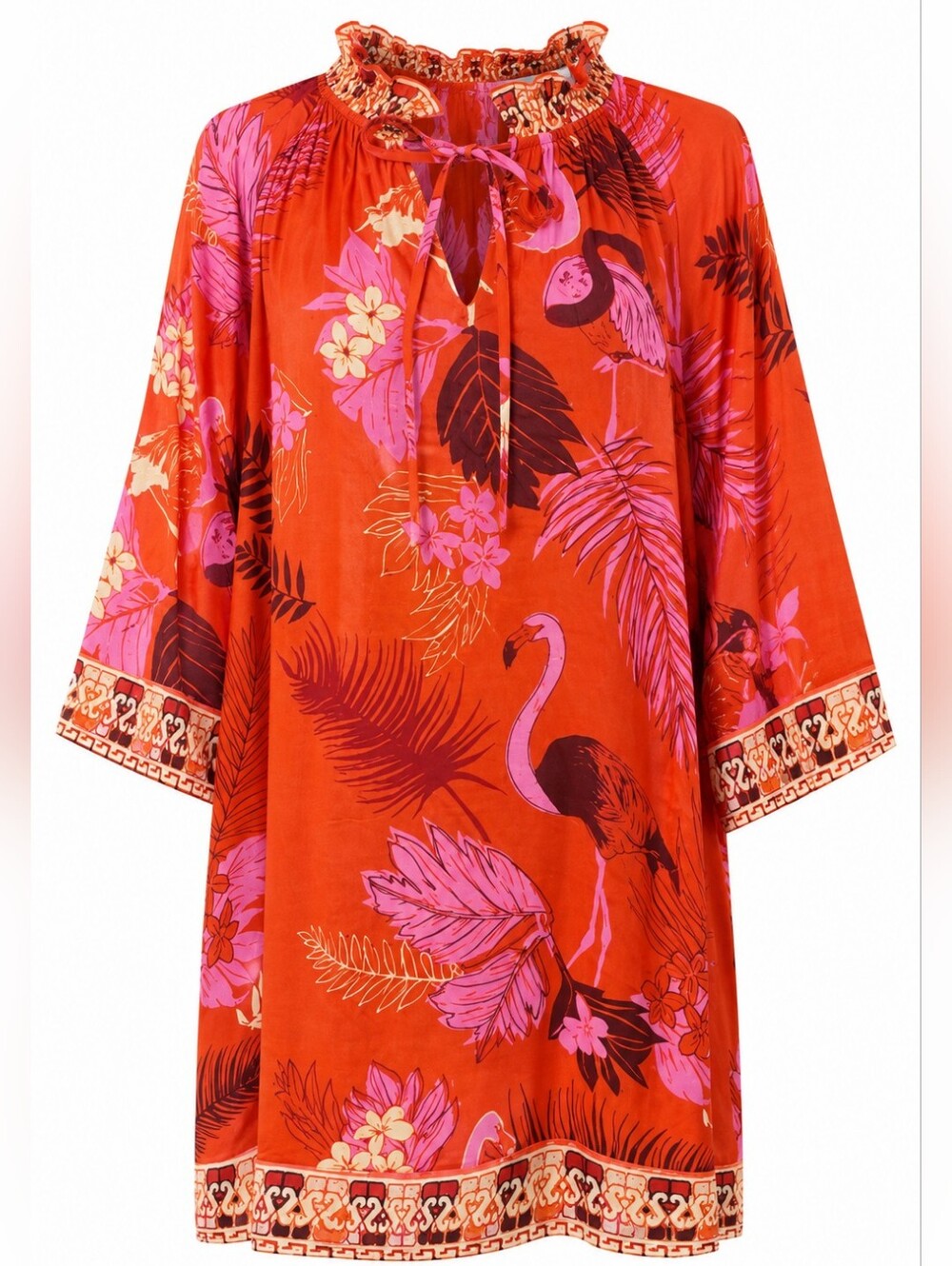 NWOT Ciebon Pilar Flamingo Tropical Print Shift Dress Orange Pink Resort M Boho